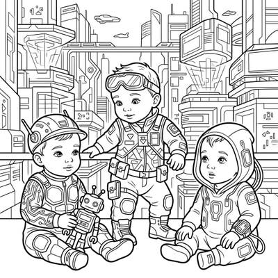 Step into a delightful dystopian future with this unique coloring page featuring adorable babies in cutting-edge cyberpunk fashion. Unleash your creativity by bringing vibrant colors to their tech-inspired outfits and the intricate urban landscape.