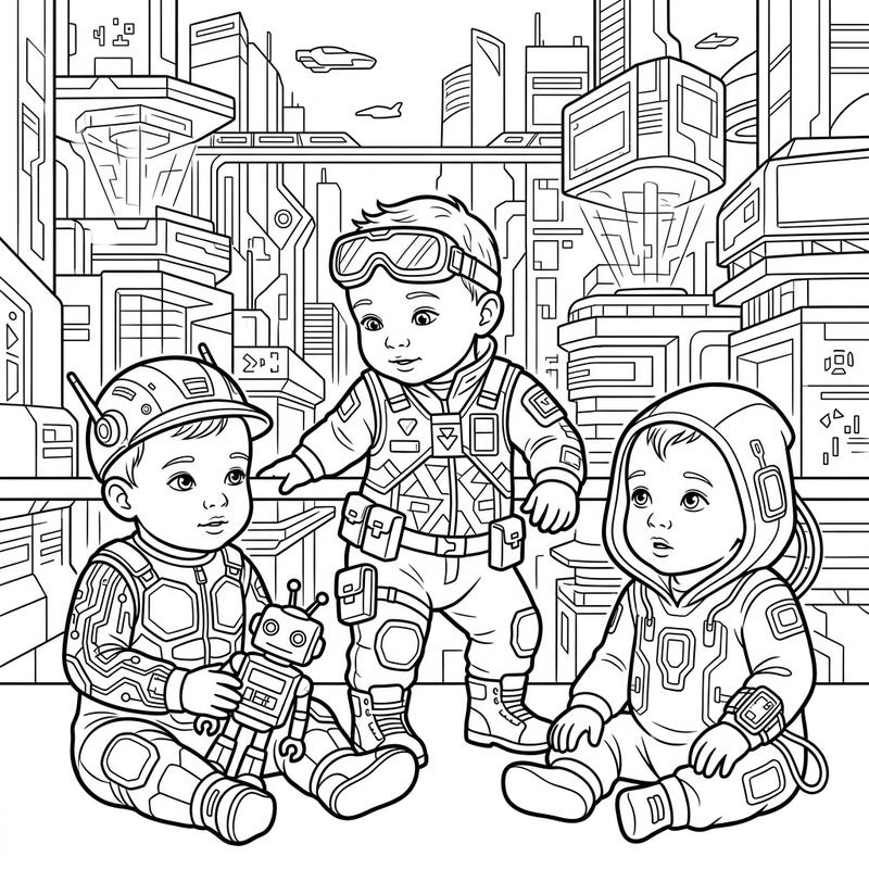 Step into a delightful dystopian future with this unique coloring page featuring adorable babies in cutting-edge cyberpunk fashion. Unleash your creativity by bringing vibrant colors to their tech-inspired outfits and the intricate urban landscape.