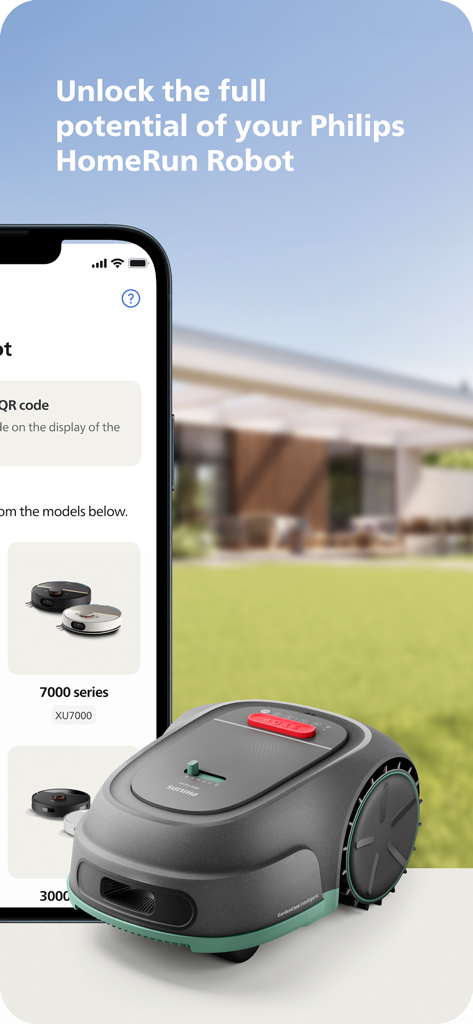 Philips HomeRun Robot App - Smartphone displaying the Philips HomeRun Robot app next to a robot lawn mower on a green lawn.