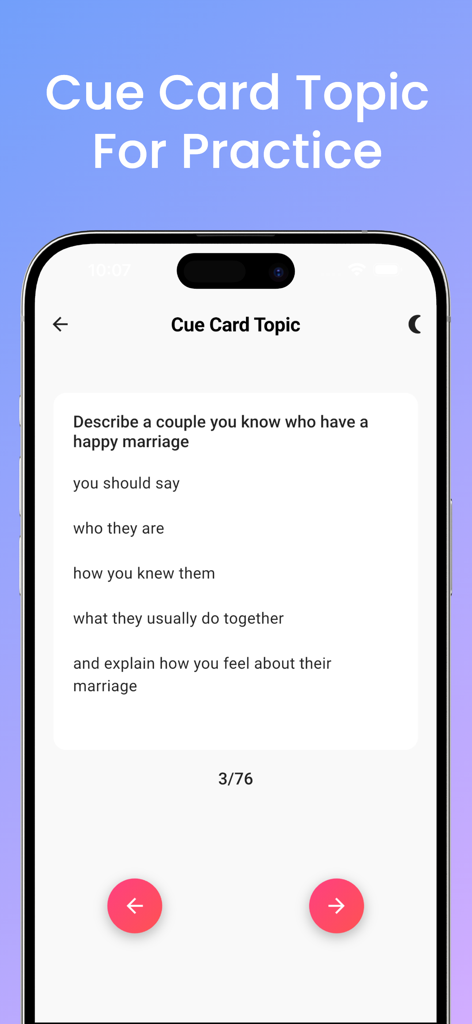 IELTS Speaking Prep 2026 - IELTS Speaking Prep app display showing a cue card topic for Part 2 practice.