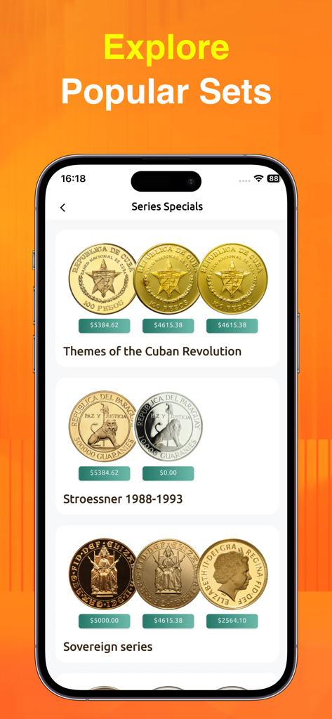ChatCoin: Coin Identifier - Una pantalla de aplicación móvil que muestra series de monedas populares y sus valores de mercado
