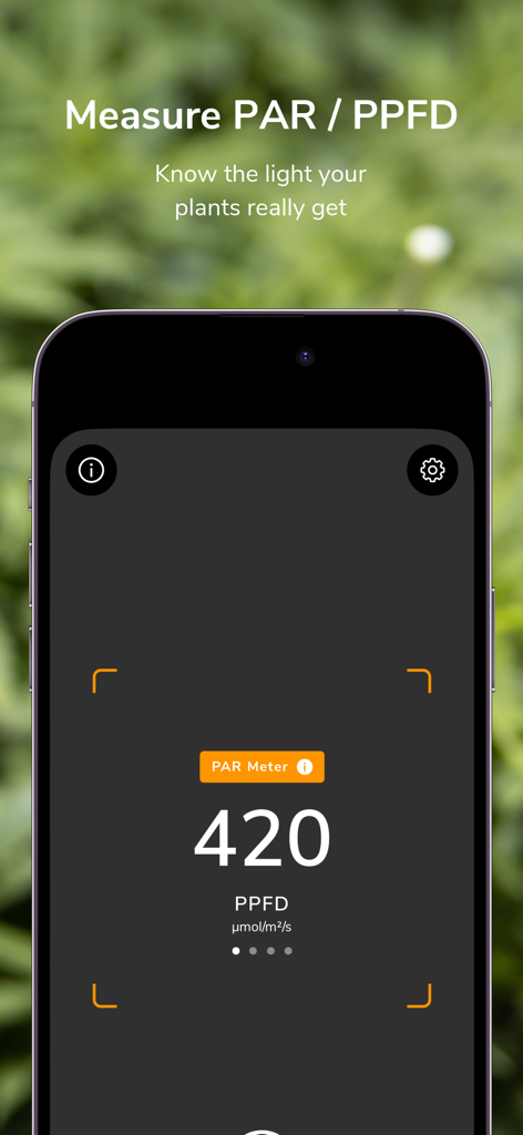 Interface de l'application Photone mesurant la PAR et le PPFD pour les plantes d'intérieur