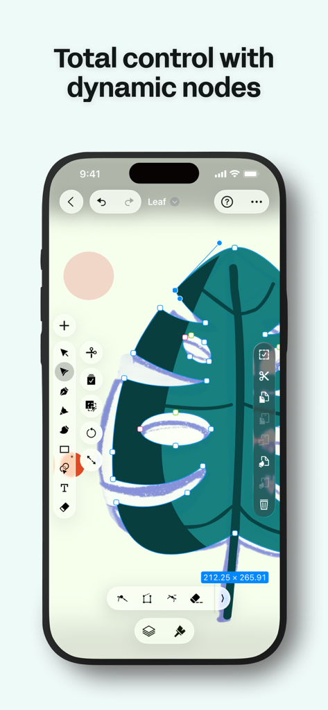 Linearity Curve app interface on iPhone showing dynamic node editing on a vector leaf illustration