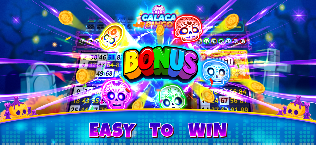 Dr. Bingo - VideoBingo + Slots - Dr. Bingo video bingo screen showing a Calaca themed bonus round with sugar skulls and easy to win text