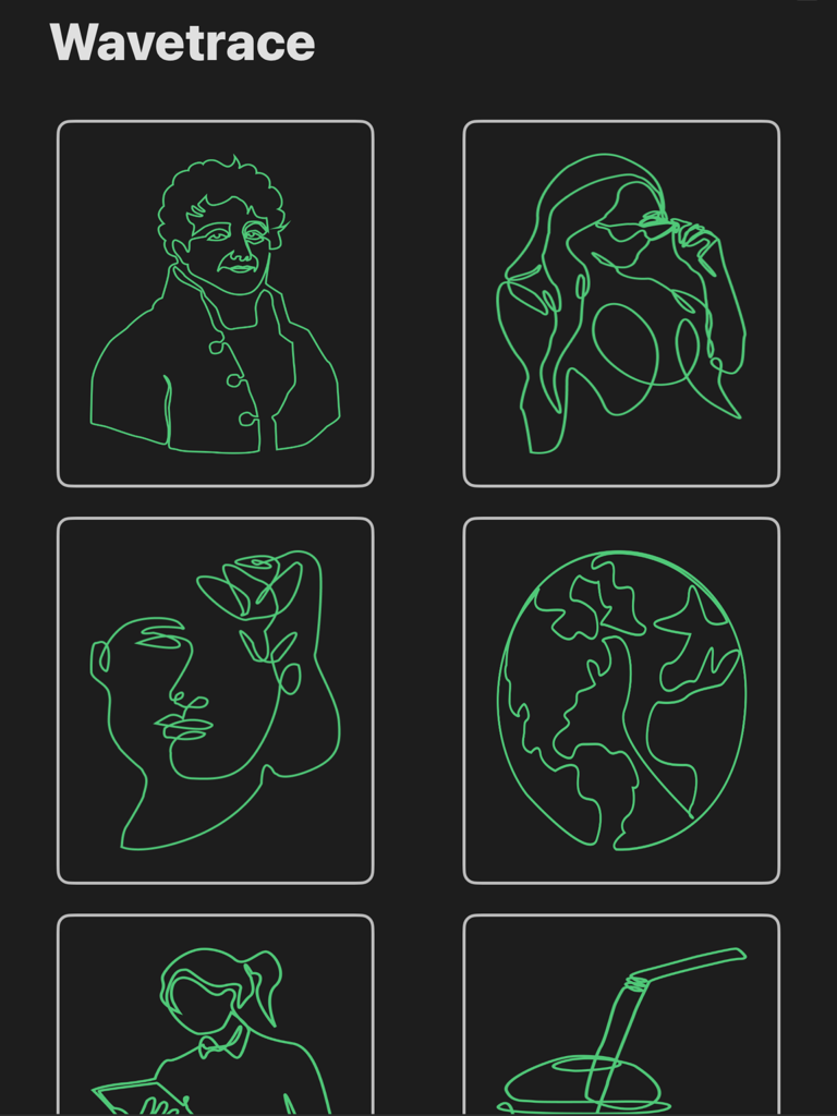 Waveform - A grid of neon green line art drawings on a dark background including portraits and a globe from the Waveform app