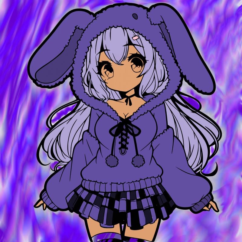 pretty anime girl wearing a fluffy hoodie with bunny ears on the hood and a skirt