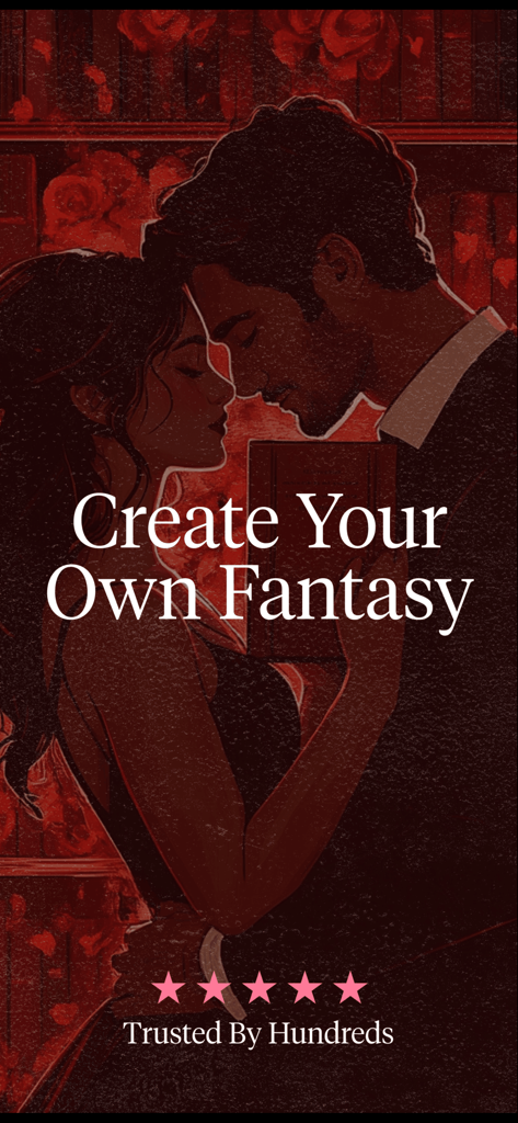 FanFiction AI - Spicy Stories - Una pareja romántica abrazándose en una biblioteca con el texto Crea tu propia fantasía y una calificación de 5 estrellas