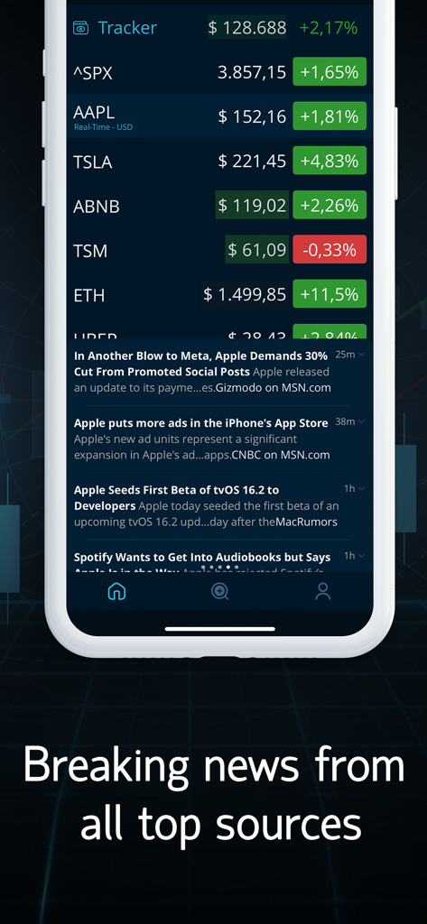 실시간 주식 가격 추적기와 속보 피드를 표시하는 LiveQuote 앱.