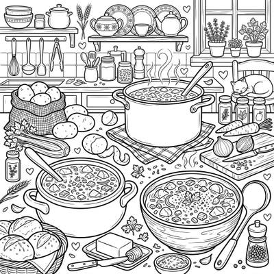 Immerse yourself in a delightful kitchen full of comforting potato soups and fresh ingredients. This intricate full-scene coloring page offers a warm, inviting escape for a relaxing creative session.