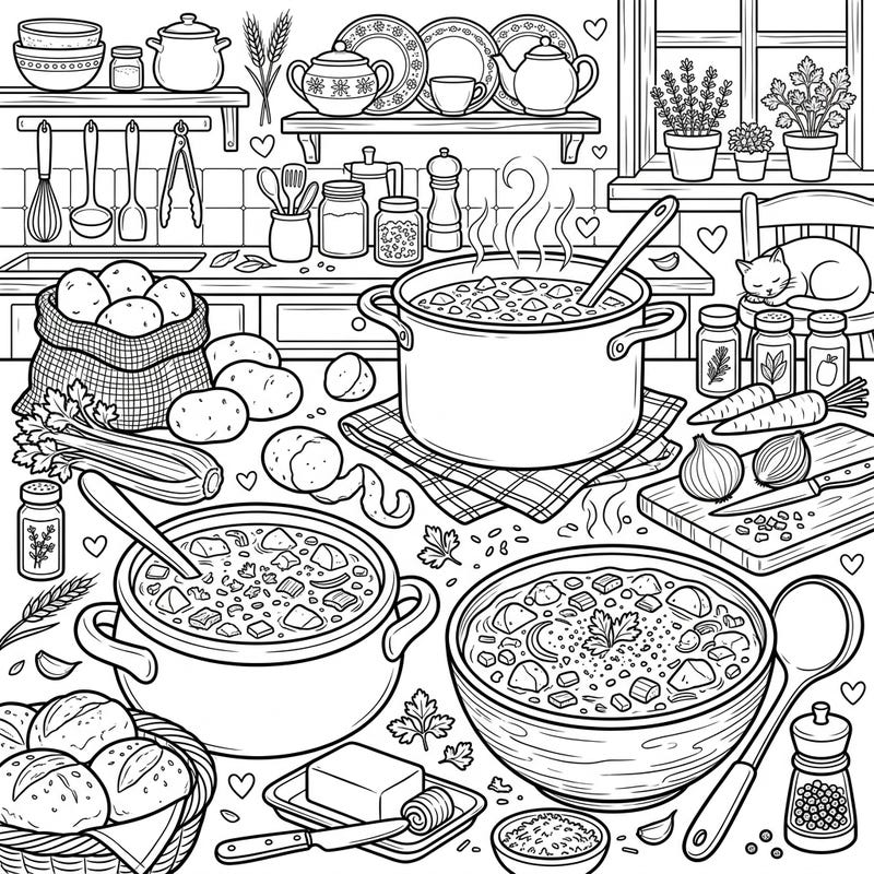 Immerse yourself in a delightful kitchen full of comforting potato soups and fresh ingredients. This intricate full-scene coloring page offers a warm, inviting escape for a relaxing creative session.