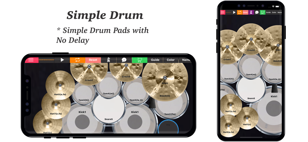 Interface der Drum Set Real Pad Machine HD App, das realistische Drum-Pads und Becken auf einem Mobilgerät zeigt.