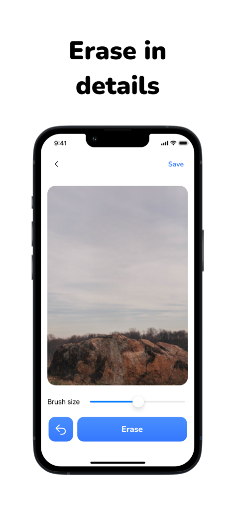 Object Remover - Photo Eraser - Smartphone screen showing the Object Remover app interface with a brush size slider and an erase button for detailed photo editing.