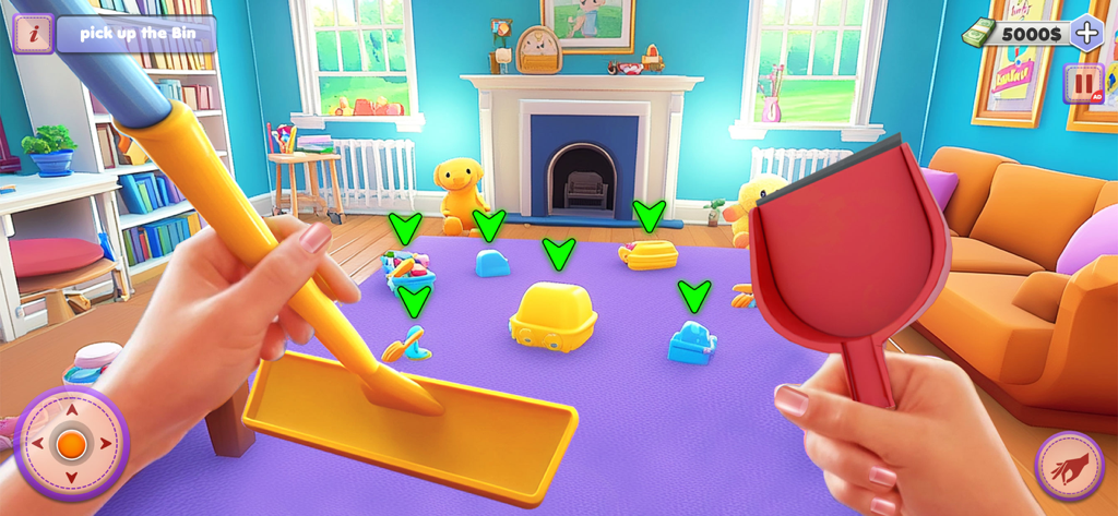 Pregnant Mom Family Life 3D - Jugabilidad en primera persona de una madre limpiando juguetes de una alfombra en un juego de simulación de vida.