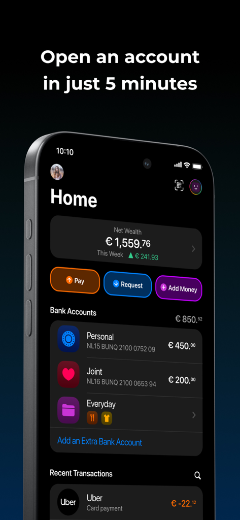 bunq - A smartphone screen displaying the bunq mobile banking app dashboard with account balances and transaction history.