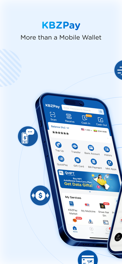 KBZPay Customer - KBZPay mobile wallet app interface showing financial services like transfers and bill payments