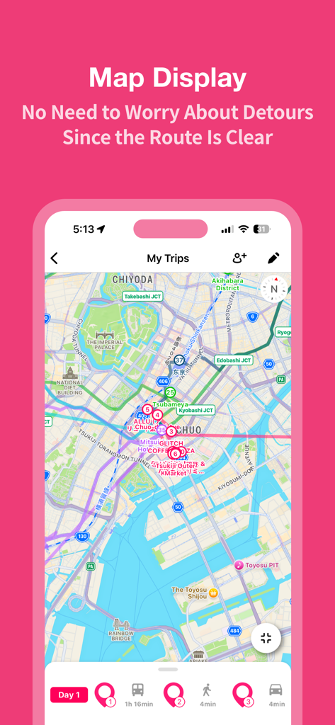 Funliday - Travel Planner - Funliday app screenshot displaying a clear travel route on a map with transit times