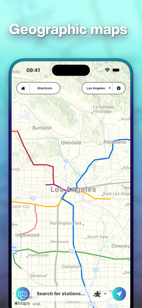 Mapway app displaying a geographic transit map of Los Angeles with color-coded routes.