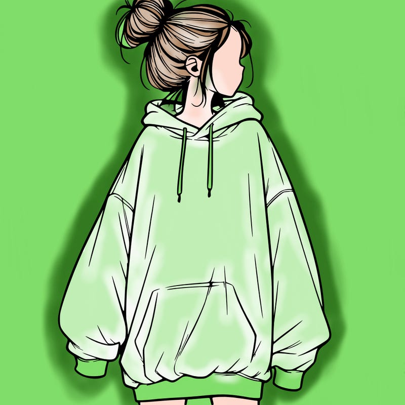 realistic girl with a oversized sweatshirt on and a bun