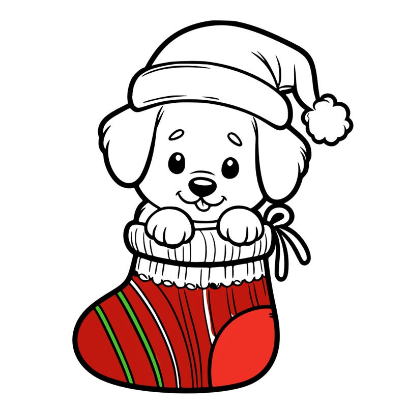 cute puppy wearing santa hat in socking
