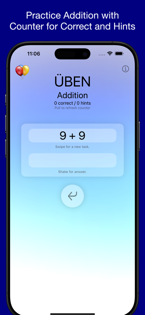 Üben - Addition - Simple addition math drill interface showing nine plus nine on a smartphone.