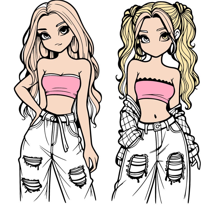 2 girls in crop tops and baggy jeans ripped