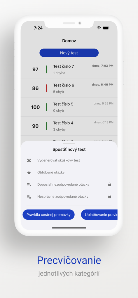 Driving Licence Theory - 運転免許学科試験の練習テストのスコアと学習オプションを示すモバイルアプリのダッシュボード