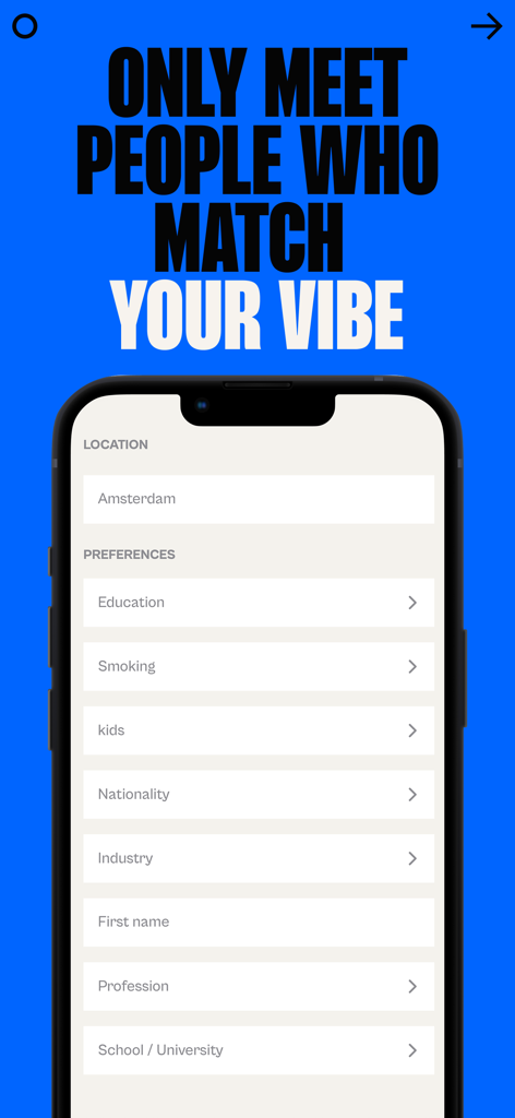 Inner Circle: Dating Community - Pantalla de la aplicación de citas Inner Circle que muestra filtros de estilo de vida como educación, industria y profesión