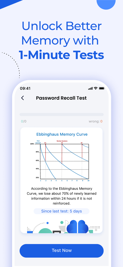 Authenticator App ⁸ - Oberfläche der Authenticator App, die einen Passwort-Abruf-Testbildschirm mit dem Graphen der Ebbinghaus-Gedächtniskurve anzeigt.