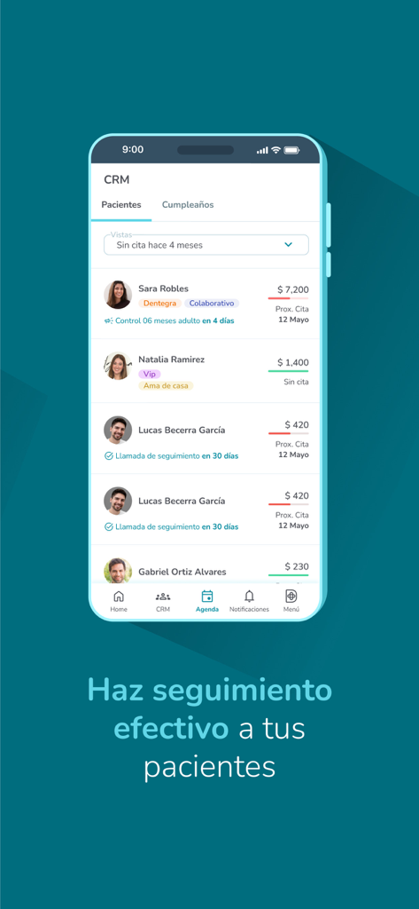 治療履歴と請求明細を表示するDoctocliq CRM患者管理リストを示すスマートフォン画面