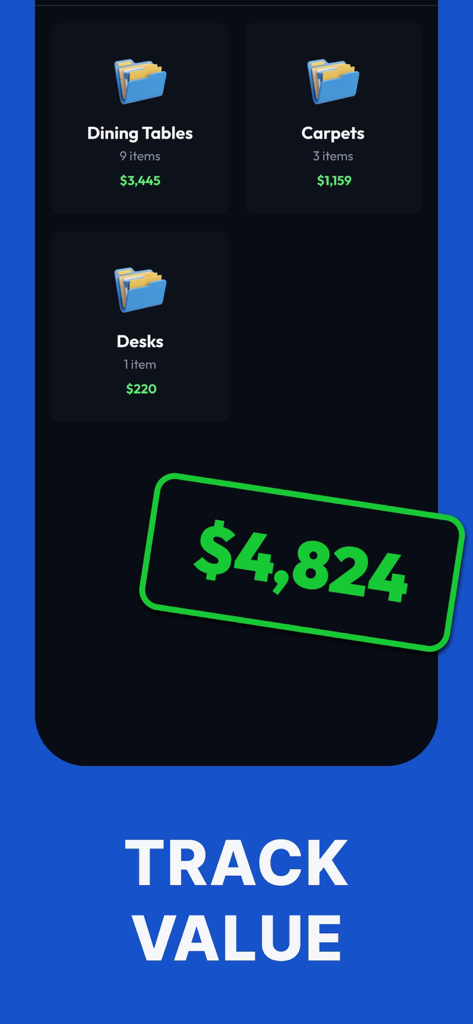 Interfaz de la aplicación móvil que muestra el valor monetario total de los artículos del inventario del negocio, categorizado por tipo.