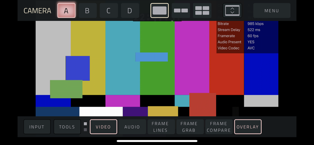 Interfaccia di Vuer HDR che mostra i metadati dello stream della telecamera e gli strumenti di monitoraggio professionali