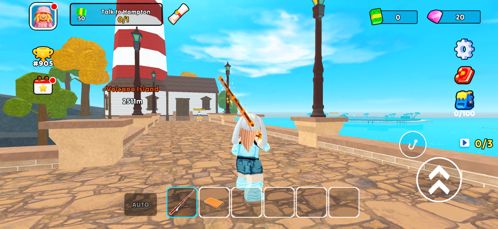 Fish It 낚시 게임의 화산섬에서 등대 근처 바닷가 다리를 탐험하는 낚싯대를 든 캐릭터