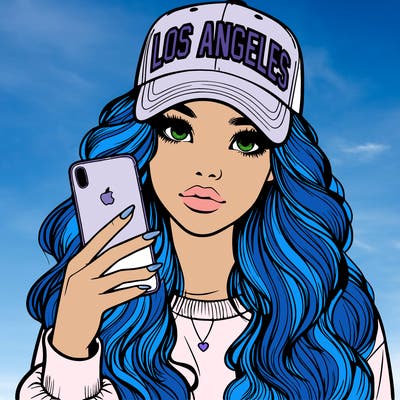realistic beautiful girl wearing los ángeles cap holding an iphone