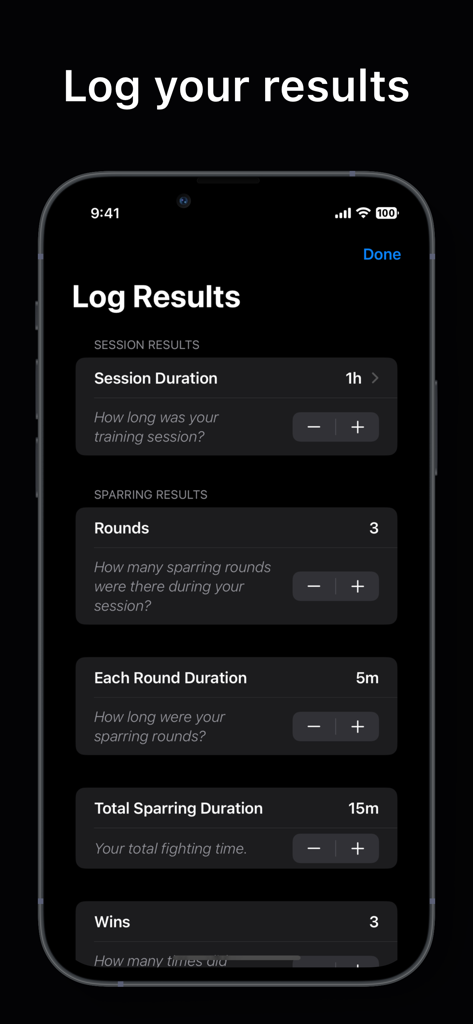 Martial Arts Training Journal - Interface for logging martial arts training session and sparring results with details on duration and wins.
