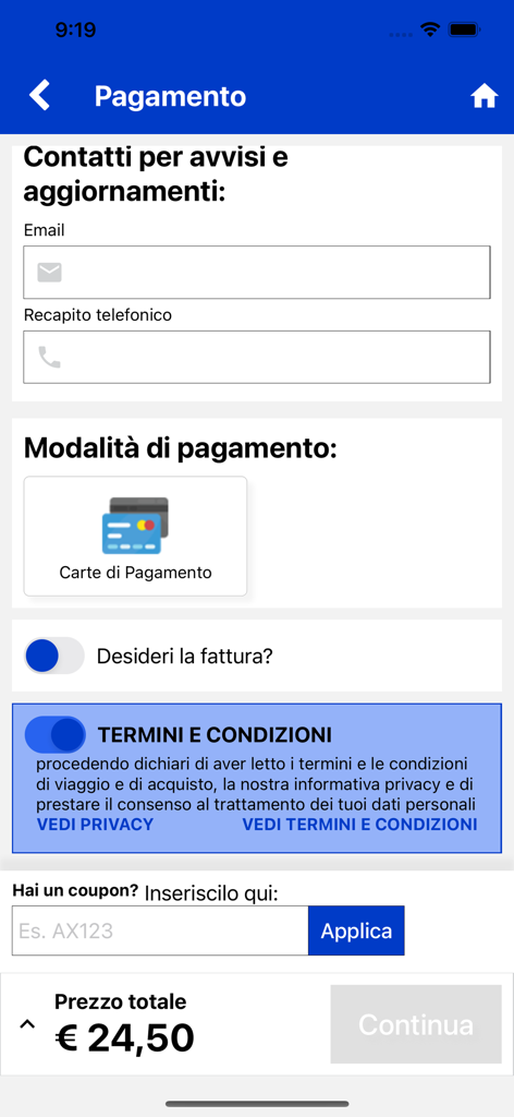FrecciaRoma - Schermata di pagamento dell'app FrecciaRoma con informazioni di contatto e prezzo totale