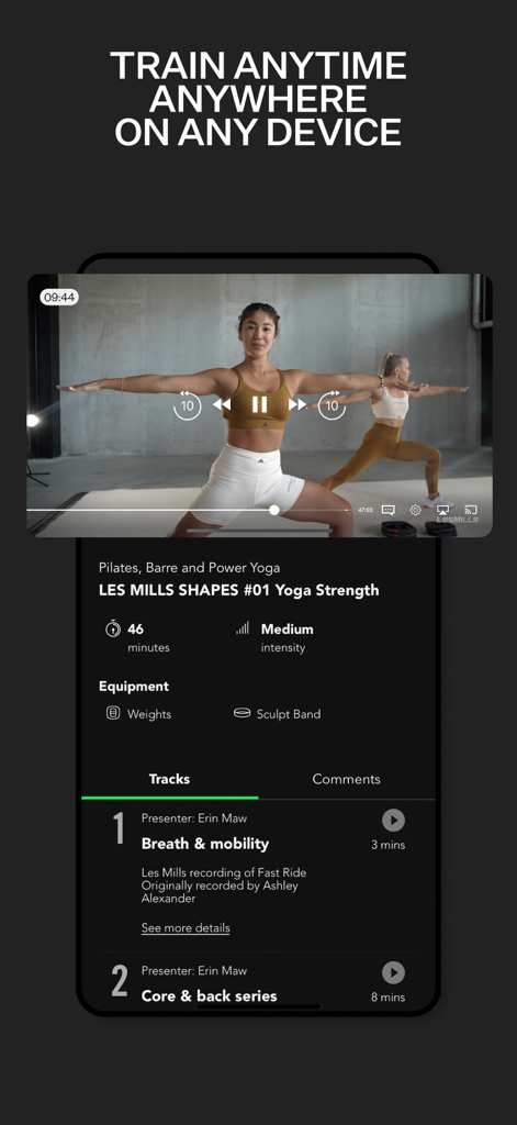 LES MILLS app displaying a yoga strength class with session details and video player