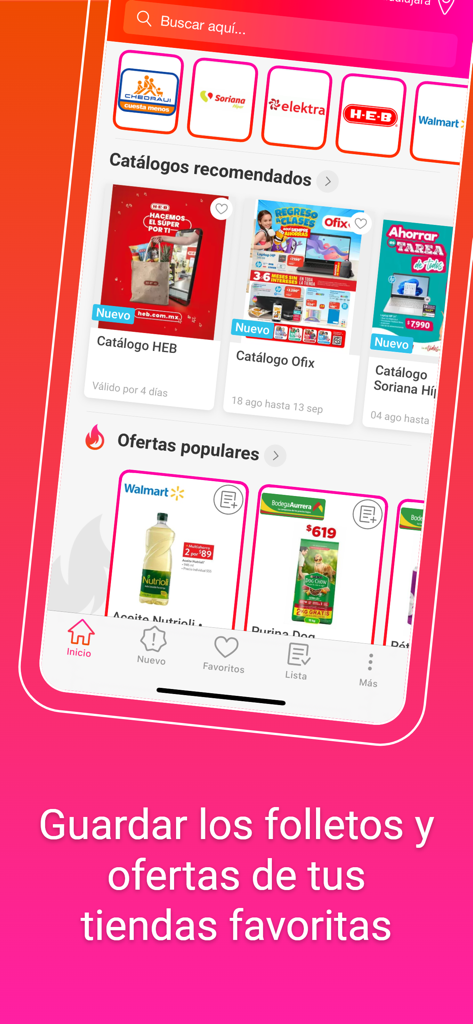 Catálogos y ofertas de México - Interface do aplicativo móvel exibindo catálogos de varejo e ofertas populares de lojas como Walmart e HEB no México