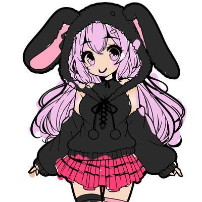 pretty anime girl wearing a fluffy hoodie with bunny ears on the hood and a skirt