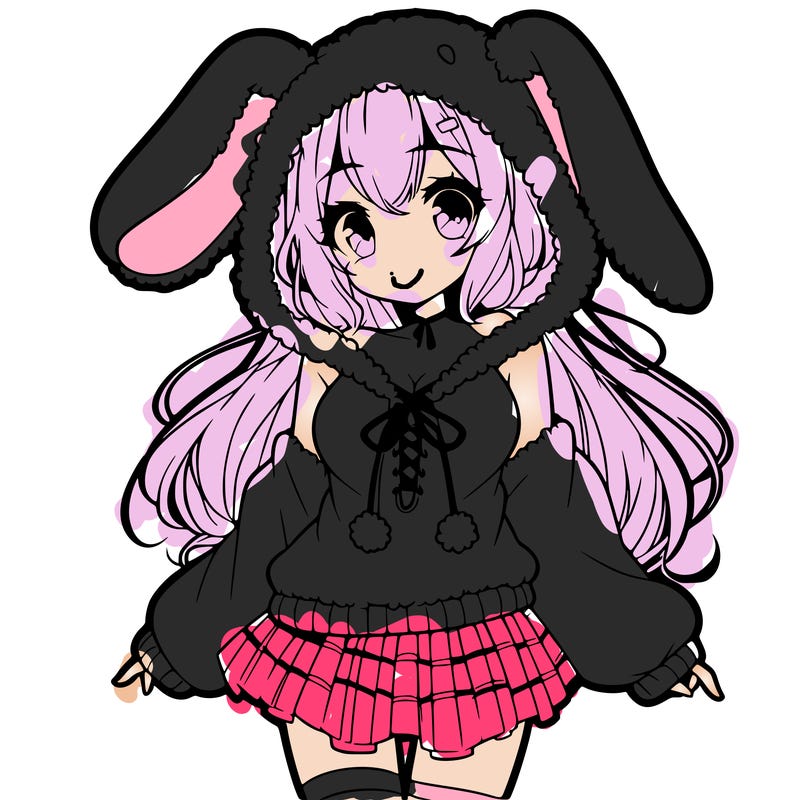 pretty anime girl wearing a fluffy hoodie with bunny ears on the hood and a skirt