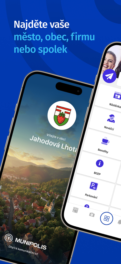 Two smartphones displaying the MUNIPOLIS app interface with a town welcome screen and a menu for local community services