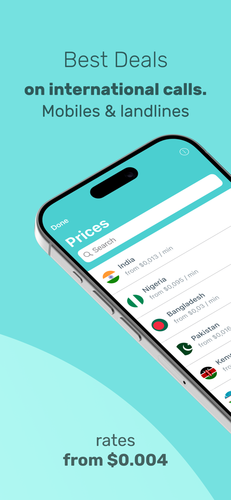 Smartphone screen showing international calling rates for landlines and mobiles on the Yolla app.