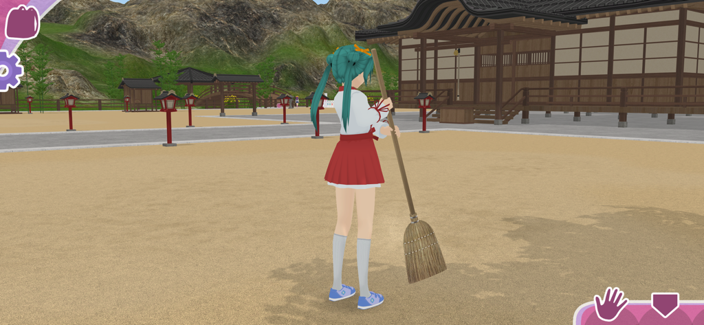 Anime City 3D - Una personaje de anime limpiando un santuario Shinto con una escoba en Anime City 3D