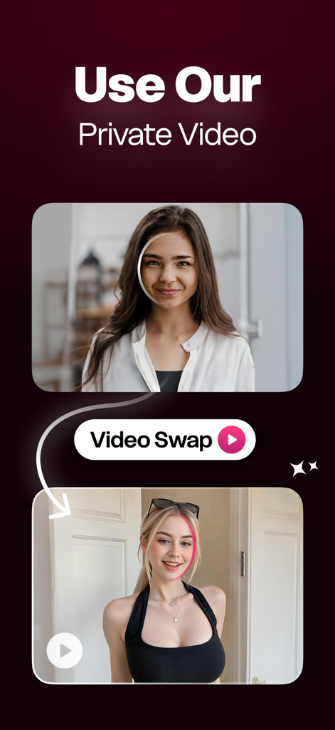 AI Deep Face Swap - SwapX - Interface of SwapX app showing the private video face swap feature between two portraits