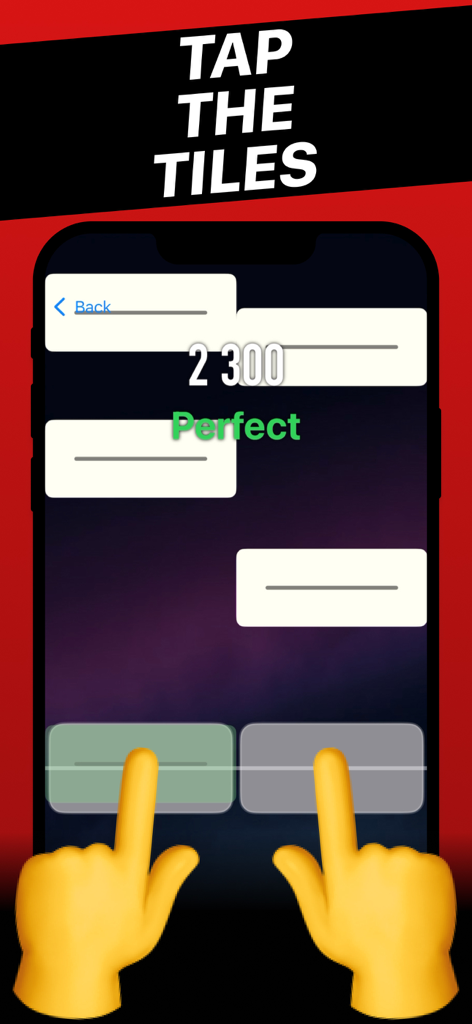 Gameplay of the Mozart classical music rhythm game showing fingers tapping falling tiles on a smartphone screen