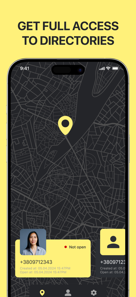 Phone Tracker - Find my Friend - Una interfaz de aplicación móvil que muestra un mapa oscuro con un pin de ubicación amarillo e información de perfil de usuario para seguimiento en tiempo real.