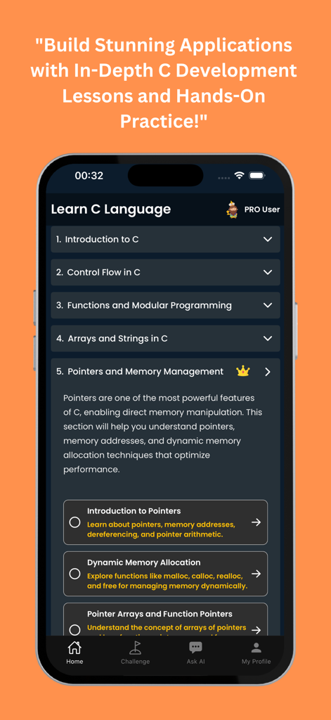 Learn C & IDE - CoddyKit - Una interfaz móvil de CoddyKit que muestra el plan de estudios de un curso de programación en C con un enfoque en punteros y gestión de memoria.