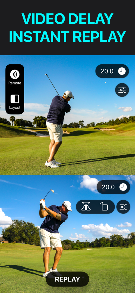 Split screen view of a golfer using the Video Delay Instant Replay app for swing analysis on a golf course