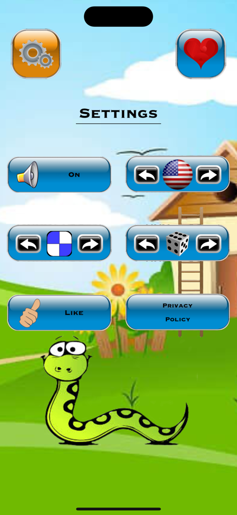 The Game of Snakes and Ladders - Settings screen of the Snakes and Ladders app with options for sound, language, and board customization