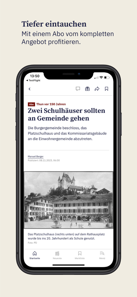 BZ Thuner Tagblatt - Smartphone displaying a historical news article about Thun on the BZ Thuner Tagblatt app