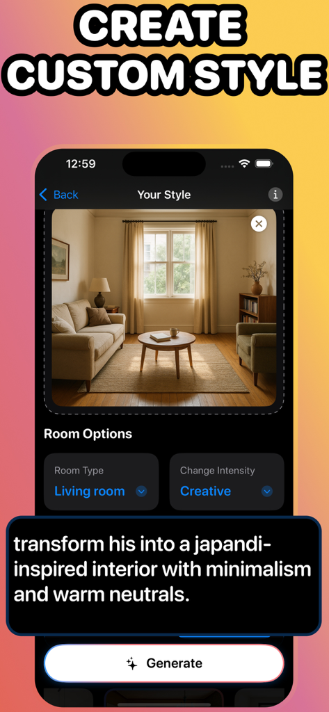 AI Home Design - DecorAI - Interface of the DecorAI app showing a custom AI prompt to transform a living room into a Japandi-inspired style